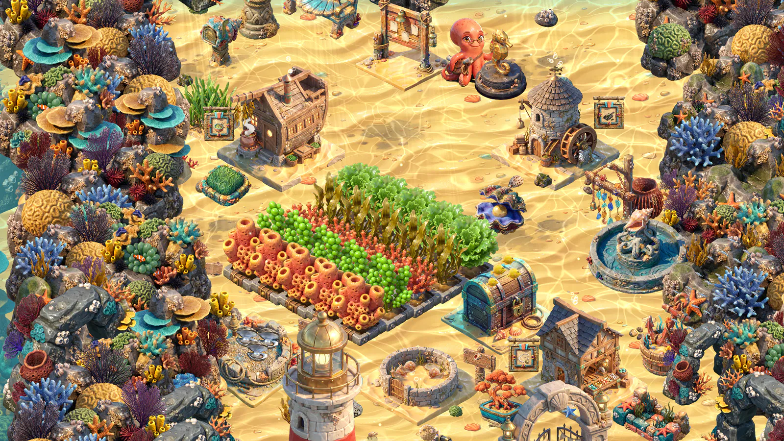 A busy reef farm: plots in rows, workshops, a treasure chest and a lighthouse
