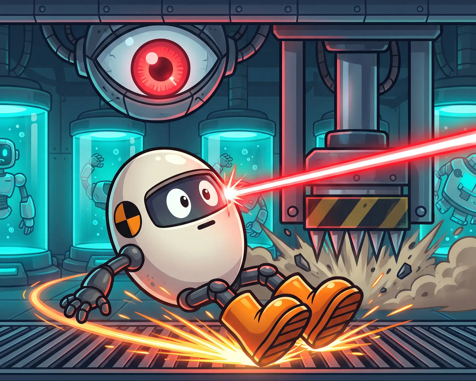 The crash-test dummy skids to a stop under a red laser, a spiked crusher slamming down behind him while a giant red eye watches