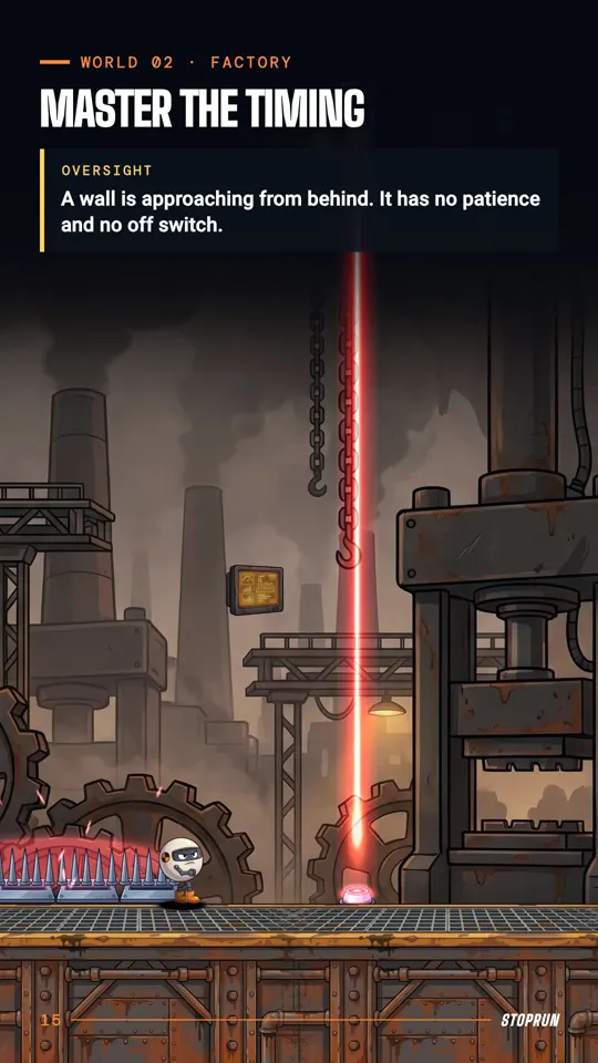 A Factory level: a grinding wall closes in from behind while a laser blocks the way ahead