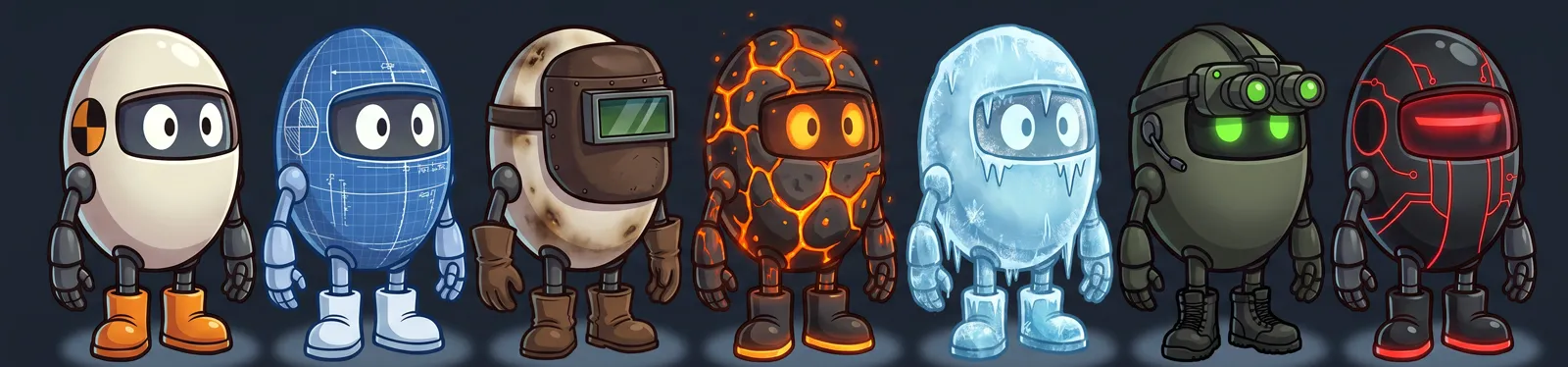 The Classic dummy beside the six Nightmare outfits: Prototype, Welder, Molten, Frostbite, Night Ops and Overseer