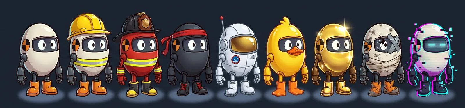 The crash-test dummy in his Locker outfits: Classic, Safety Officer, Firefighter, Ninja, Astronaut, Rubber Duck, Gold Plated, Veteran and Glitch