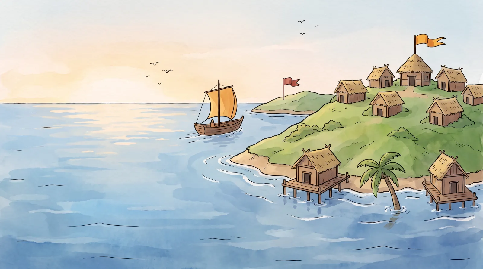 A painted island with thatched stilt houses climbing a green hill to an amber banner, a palm tree on the shore and a sailing boat crossing the calm sea