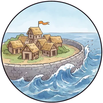 High water, painted as a small round island map
