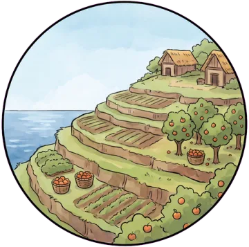 The terraces, painted as a small round island map