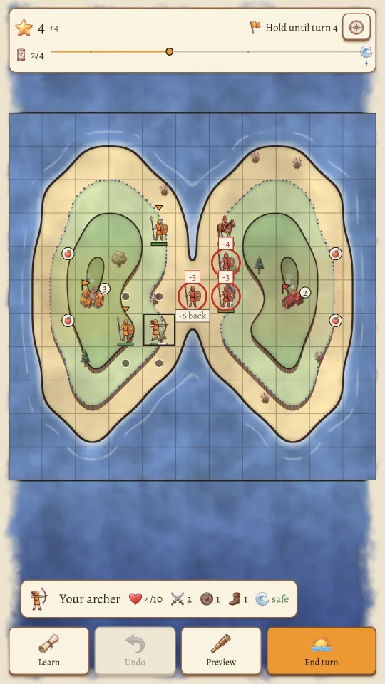 Tidemarch on a phone: warriors of the two tribes face off across a narrow land bridge between two islands, with damage numbers over the targets