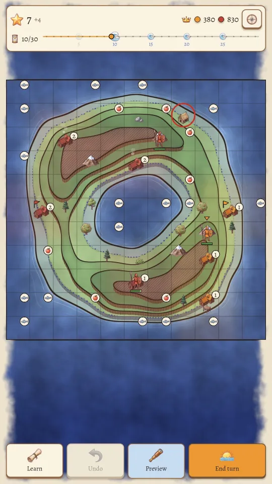 Tidemarch on a phone: a ring-shaped atoll with terraced green heights, cities of both tribes and the tide bar counting to the next rise
