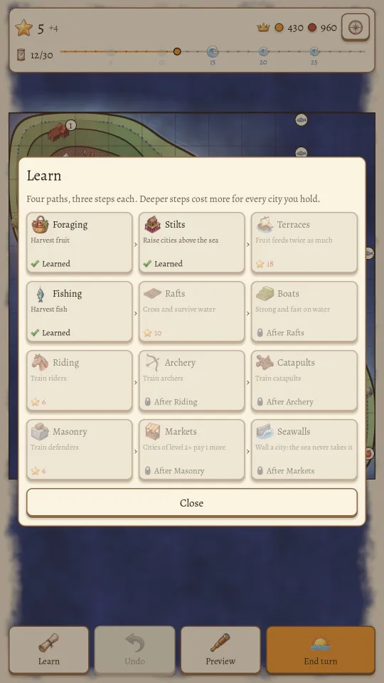 Tidemarch on a phone: the skill tree with four paths of three skills for land, sea, war and craft