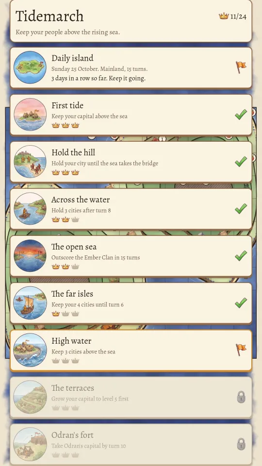Tidemarch on a phone: the sea chart with the daily island card, the voyage islands with their crowns, and free play